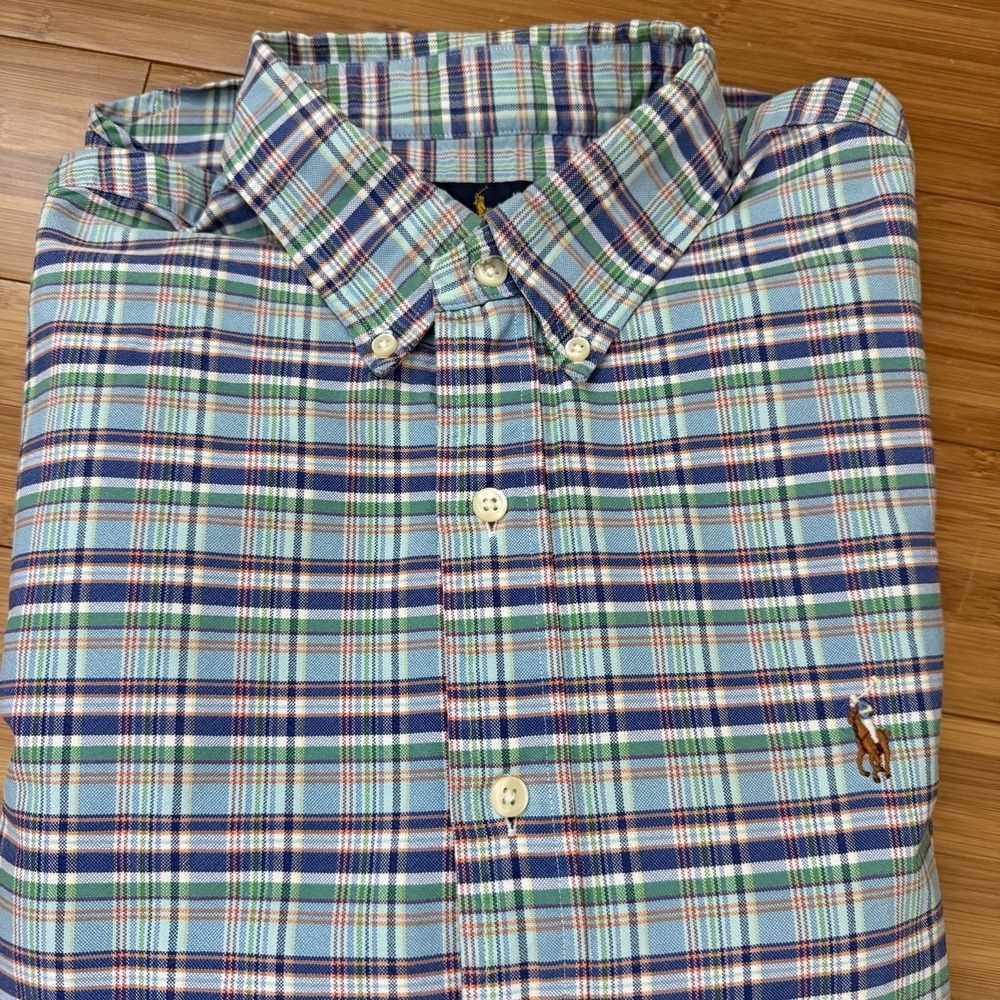 Ralph Lauren Mens Large Plaid Button Down Shirt Blue Green Pony Logo Cotton‎